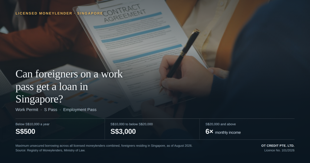 Hero banner for an article: 'Can foreigners on a work pass get a loan in Singapore?' over a blurred office scene with a contract form and pen